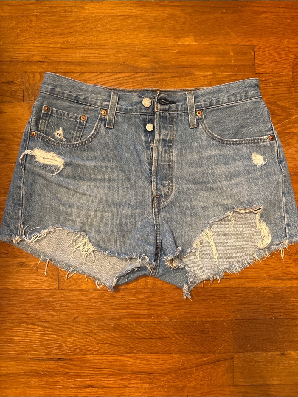 Levi's Light Blue Distressed High-Rise Jean Shorts